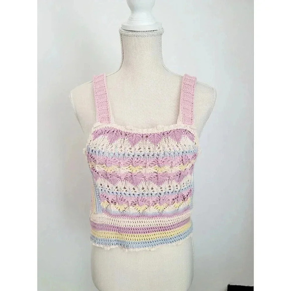 Zara Pastel Rainbow Crochet Knit Sleeveless Y2K 90s Crop Top Tank Cami M - Picture 9 of 9